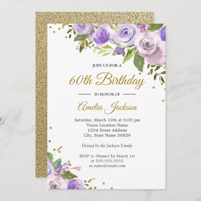 Purple Gold Sparkle Floral 60th Birthday Invite (Front/Back)