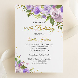 Purple Gold Sparkle Floral 90th Birthday Invite