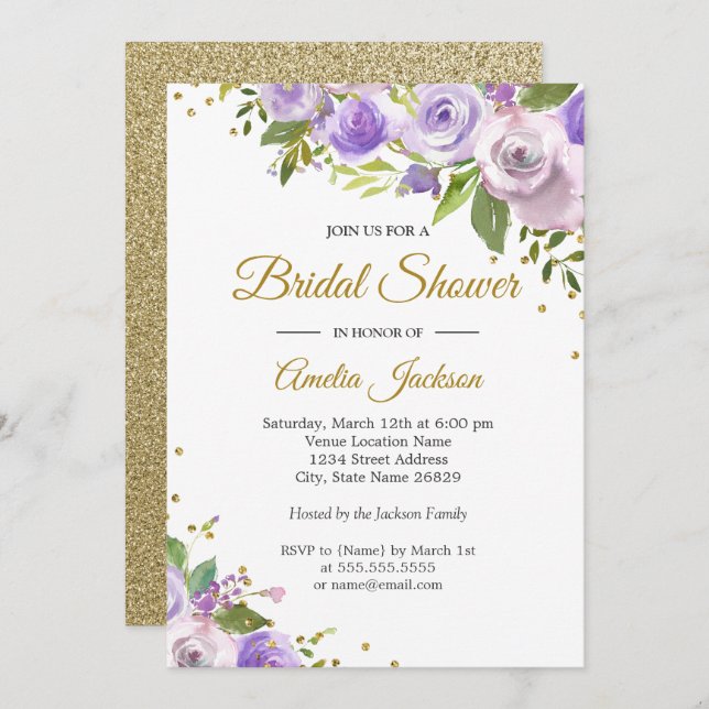 Purple Gold Sparkle Floral Bridal Shower Invite (Front/Back)