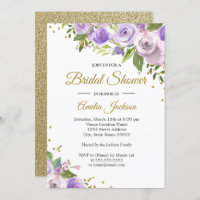 Purple Gold Sparkle Floral Bridal Shower Invite