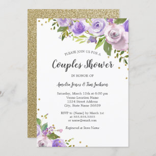 Purple Gold Sparkle Floral Couples Shower Invite