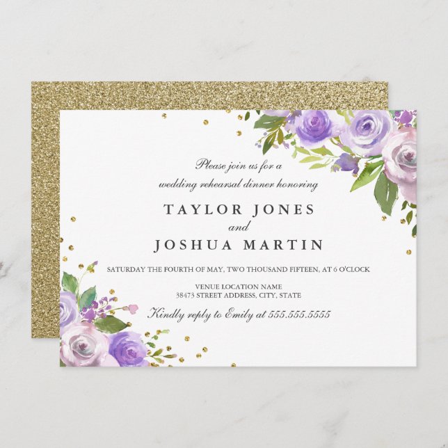 Purple Gold Sparkle Floral Rehearsal Dinner Invite (Front/Back)