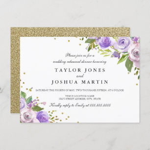 Purple Gold Sparkle Floral Rehearsal Dinner Invite