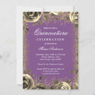 Purple & Gold Sparkle Glitter Quinceanera Invite