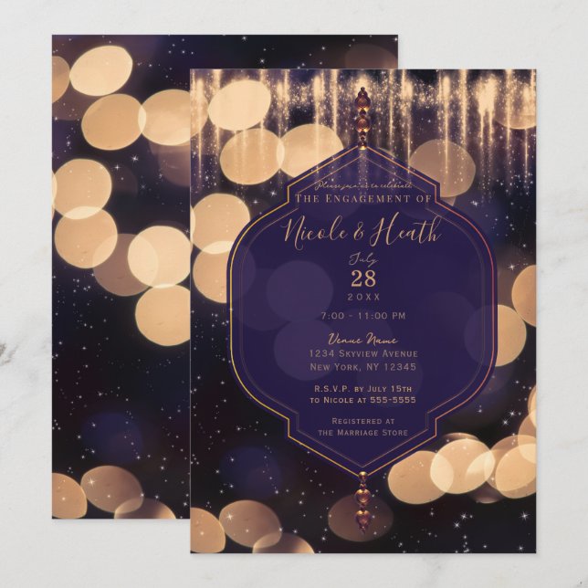 Purple Gold Sparkle Lights Mystical Engagement Invitation (Front/Back)