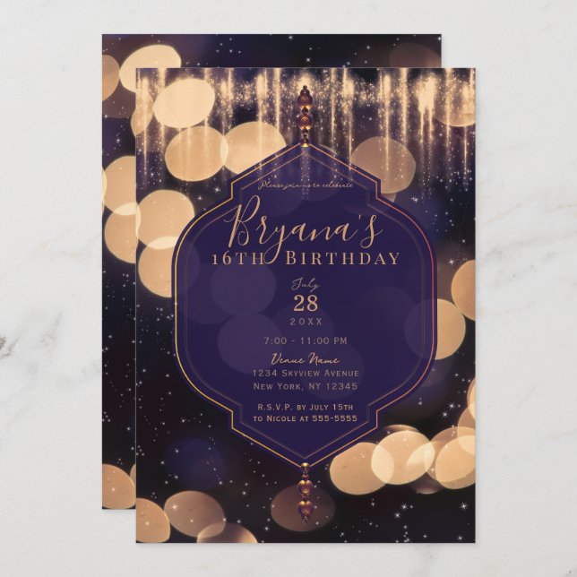 Purple Gold Sparkle Lights Mystical Night Sweet 16 Invitation (Front/Back)