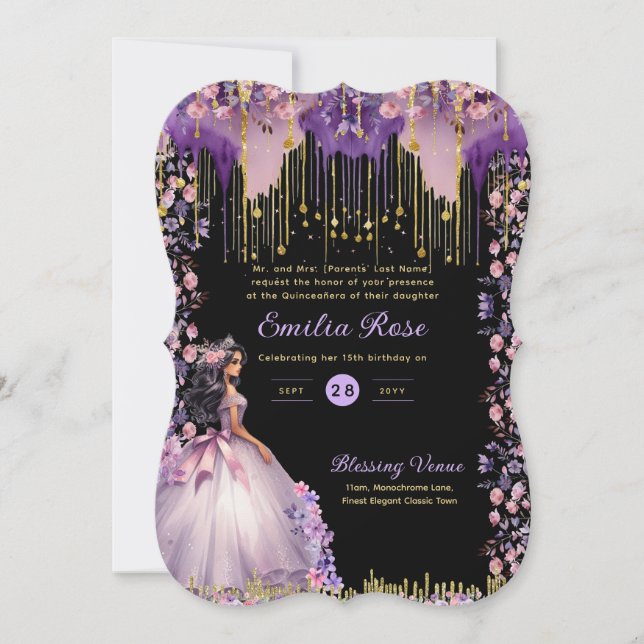 Purple Gold Sparkle Quinceanera Dress Floral Roses Invitation (Front)