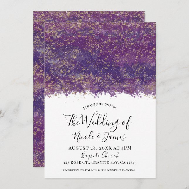Purple Gold Splatter Modern Glam Wedding Marriage Invitation (Front/Back)