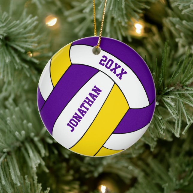 purple gold sports team colours boys volleyball ceramic ornament (Tree)
