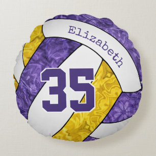 purple gold sports team colours girls volleyball round cushion