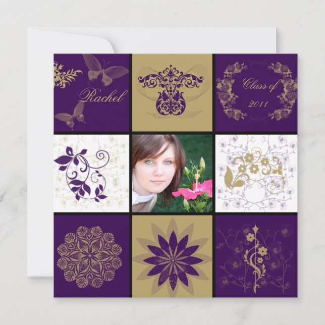 Purple Gold Square Grid Graduation Announcement (Front)