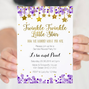 Purple Gold Star Twinkle twinkle gender reveal Invitation