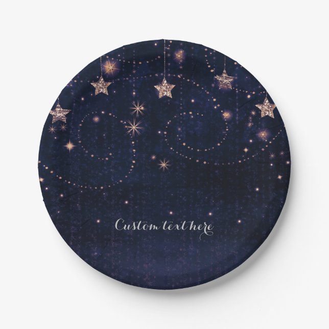 Purple & Gold Starry Celestial Whimsical Party Paper Plate (Front)