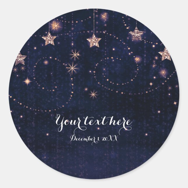Purple & Gold Starry Night Celestial Stars Favour Classic Round Sticker (Front)