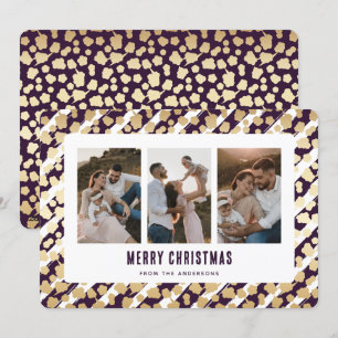 Purple Gold Stars 3 Photo Merry Christmas Card