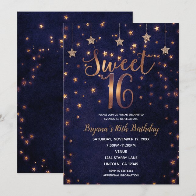 Purple & Gold Stars Celestial Sky Sweet 16 Party Invitation (Front/Back)