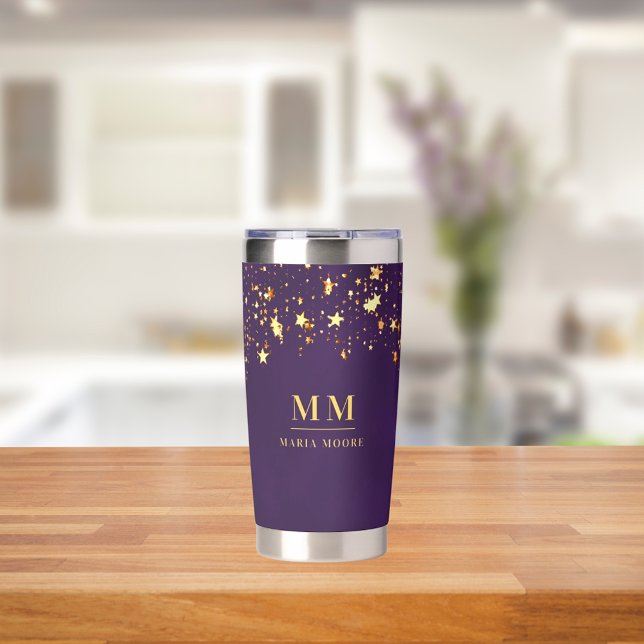 Purple gold stars custom monogram initials name insulated tumbler (Creator Uploaded)