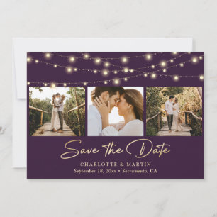 Purple Gold String Lights Photo Collage Wedding Save The Date