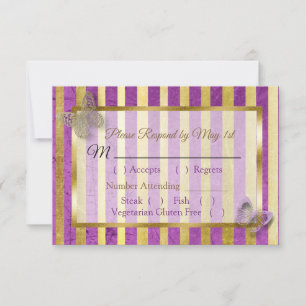 Purple & Gold Striped Butterfly Wedding RSVP card