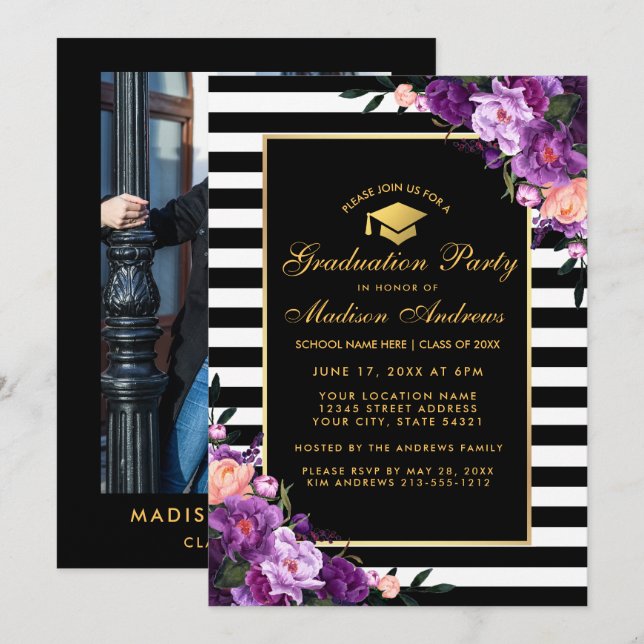 Purple Gold Striped Graduation Invite - Photo Back (Front/Back)