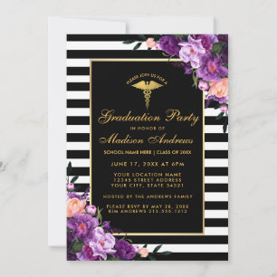 Purple Gold Striped Medical Graduation Invite