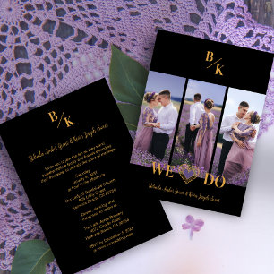 Purple & Gold Stylish Lace Vertical 3 Multi Photos Invitation