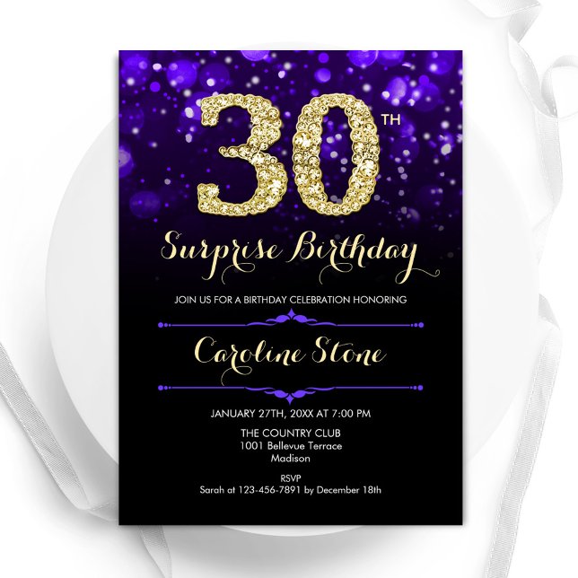 Purple Gold Surprise 30th Birthday Invitation (Creator Uploaded)