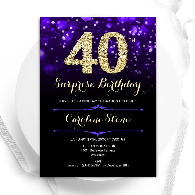 Purple Gold Surprise 40th Birthday Invitation (Creator Uploaded)