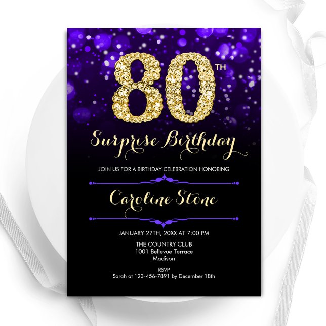 Purple Gold Surprise 80th Birthday Invitation (Creator Uploaded)