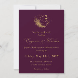 Purple & Gold Swan Crest Wedding Invitation