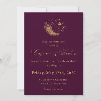 Purple & Gold Swan Crest Wedding Invitation