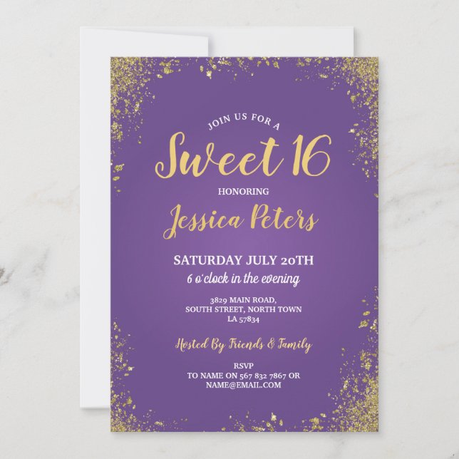 Purple & Gold Sweet 16 Party Elegant Birthday Invitation (Front)