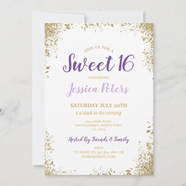 Purple & Gold Sweet 16 Party Elegant Birthday Invitation (Front)