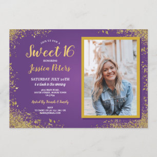Purple Gold Sweet 16 Party Elegant Birthday Photo Invitation