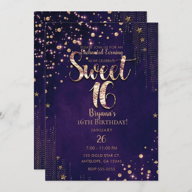 Purple & Gold Sweet 16 Whimsical Stars Party Invitation (Front/Back)