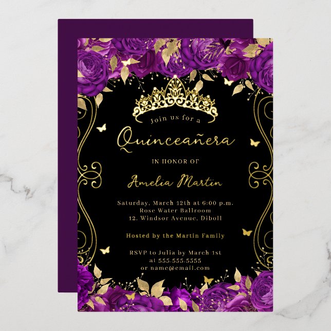 Purple Gold Swirl Scroll Floral Quinceanera  (Front/Back)