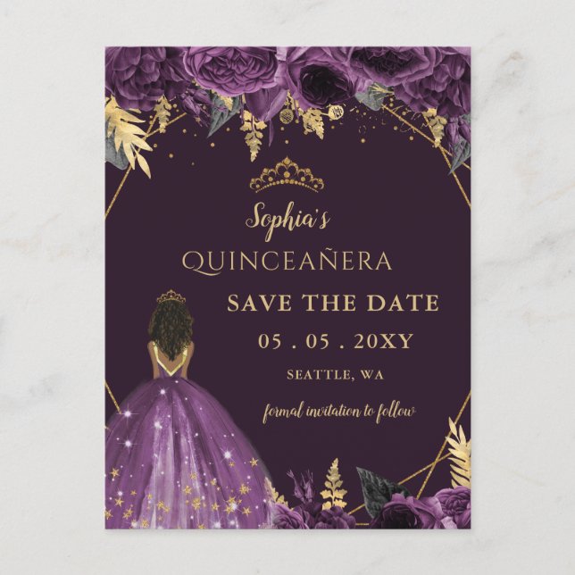 Purple Gold Tan Princess Floral Quinceañera   Announcement Postcard (Front)