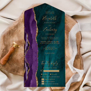 Purple Gold Teal Agate Meal Options Wedding All In One Invitation