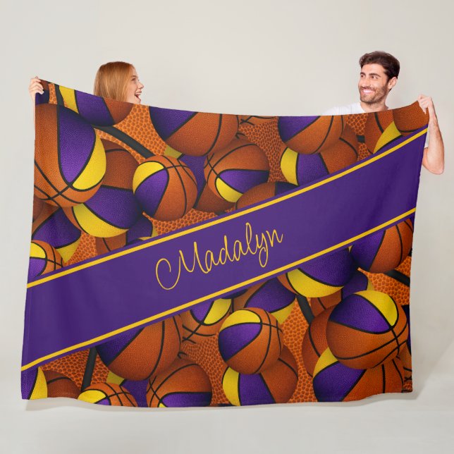 purple gold team colours girls basketball fleece blanket (In Situ)