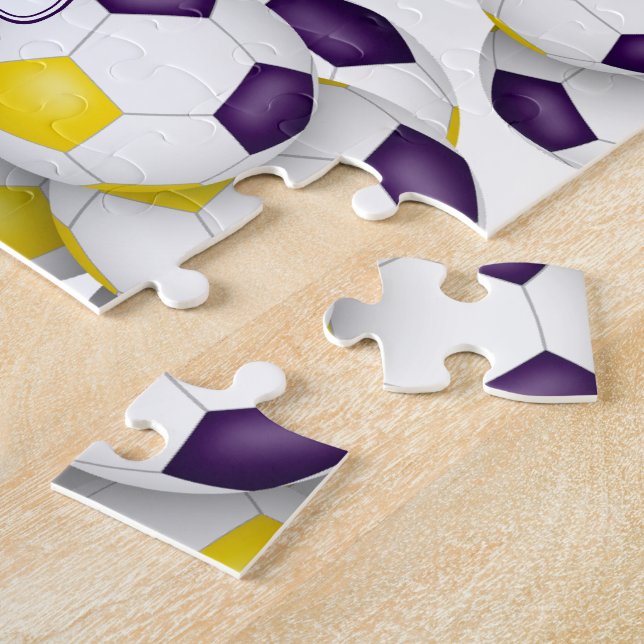 purple gold team colours girls boys soccer jigsaw puzzle (Side)