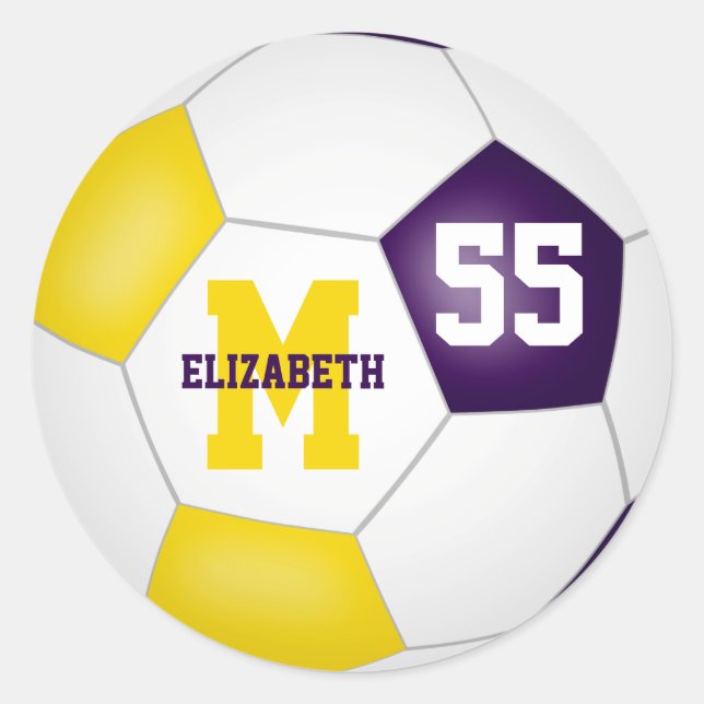 purple gold team colours soccer ball personalised classic round sticker (Front)