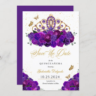 Purple & Gold Tiara Save The Date Quinceañera Invitation