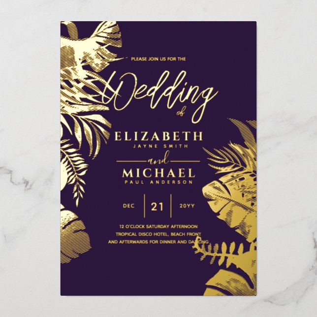 Purple Gold Tropical Leaf Destination Wedding (Front)