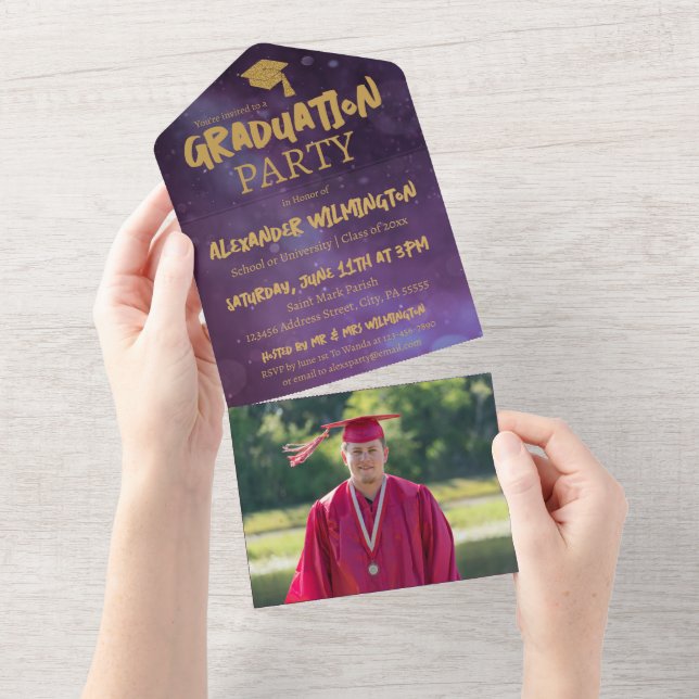 Purple & Gold Two Photo Graduation Party All In One Invitation (Tearaway)
