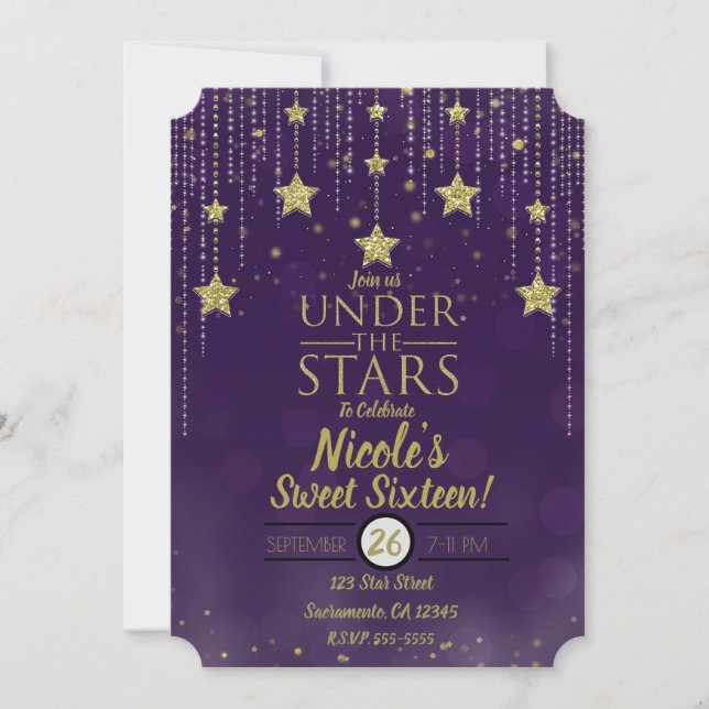 Purple & Gold Under The Stars Starry Sweet 16 Invitation (Front)