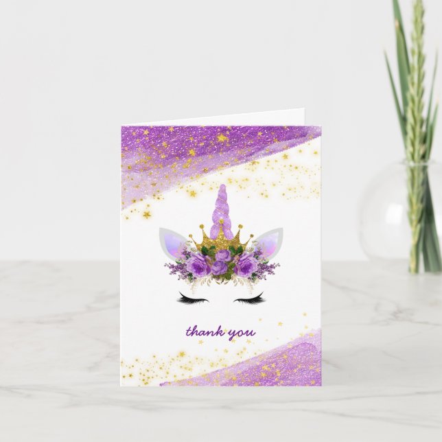 Purple Gold Unicorn Baby Shower Thank You Note Card (Front)