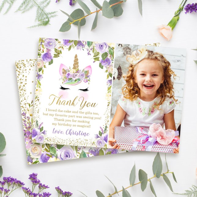 Purple Gold Unicorn Birthday Photo Thank You Card (Creator Uploaded)