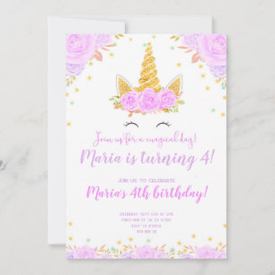 Purple Gold Unicorn face Floral Kids Birthday Invitation
