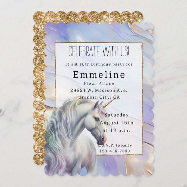 Purple Gold Unicorn Invitation (Front/Back)