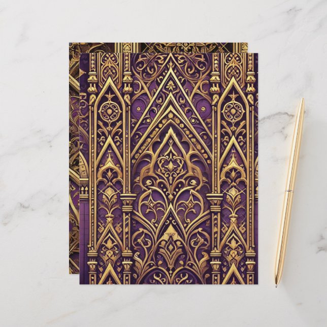 Purple & Gold Victorian Gothic Scrapbook Paper (Front/Back In Situ)